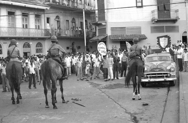 National Guard of Panama on horseback holding back demonstrators, Panama Canal Zone 3