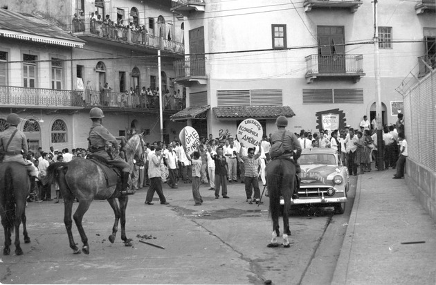 National Guard of Panama on horseback holding back demonstrators, Panama Canal Zone 5