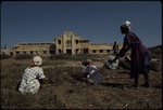 Three women working in a field in front of an abandoned building