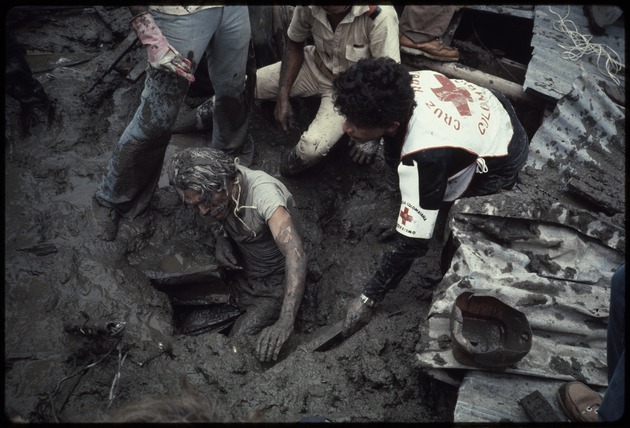 View of the devastation by mudslide after the eruption of Nevado del Ruiz volcano, Armero, Colombia