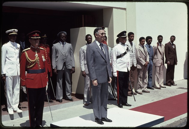 Prime Minister Edward Seaga of Jamaica with the Jamaica Defense Force standing in front of George William Gordon House
