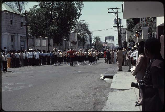 Jamaica Defense Force band marching down Duke Street