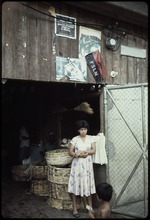 Two people standing in front of baskets of fruit in a wooden structure