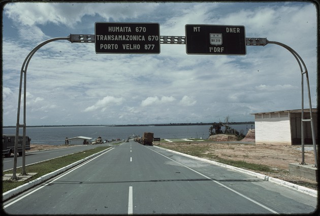 The BR 319 with road sign for Humaita, Transamazonica, and Porto Velho