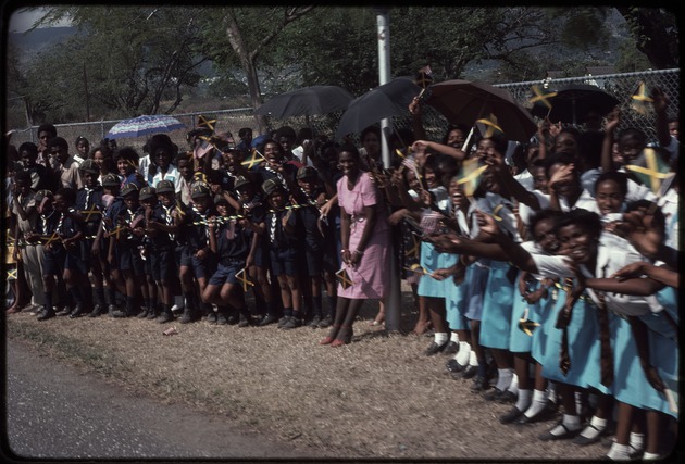 School children welcome United States President Ronald Reagan to Jamaica