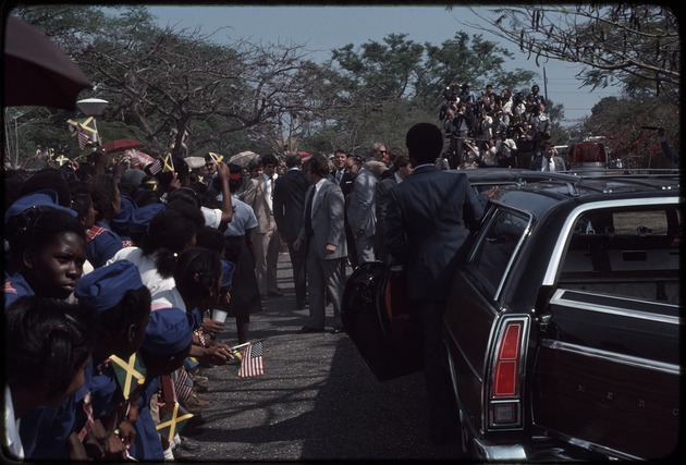 United States President Ronald Reagan greeting school children in Jamaica