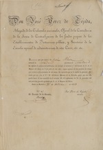 [1843-10-26] Certificado de la Escuela Especial de Administración por cuanto Julián Peláez del Pozo ha sufrido el examen de habilitación