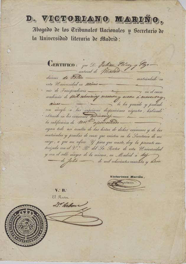 Certificado a Julián Peláez del Pozo por aprobar el sétimo año de Leyes, 1844 y 1845 - 
