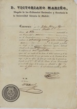 Certificado a Julián Peláez del Pozo por aprobar el sétimo año de Leyes, 1844 y 1845