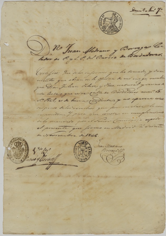 Documento numero 7 Certificado de residencia expedido a nombre de Julián Peláez y Pozo por Juan Medrano y Borregas - 