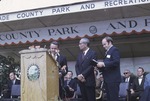 [1971-01-25] United Nations Secretary General U Thant and FIU President Perry on stage, Florida International University groundbreaking ceremony