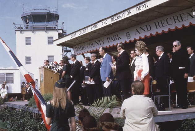 Florida International University groundbreaking ceremony stage with tower in the background