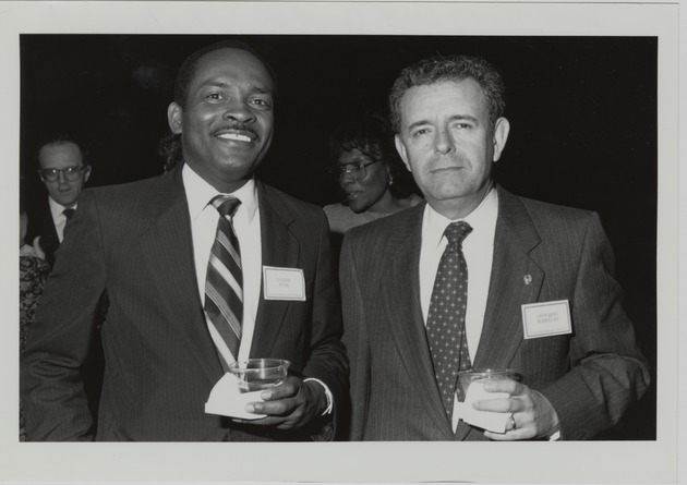 Eugene Pugh and Leonardo Rodriguez at the Black Faculty and Staff Reception 1991 - 1991_01_22_BlackFacultyStaffReception_Pugh_Rodriguez_Recto