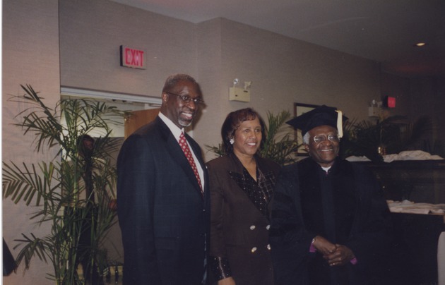 Walter Richardson, M. Dolores Richardson, Archbishop Desmond Tutu at the honorary degree celebration