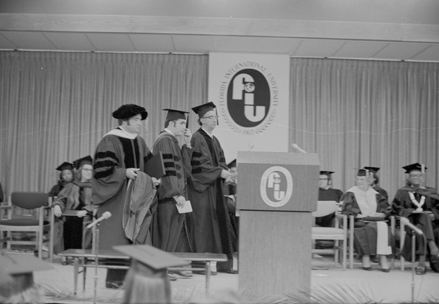 President Charles E. Perry, Dr. Juan C. Hernandez and Jose Joaquin Salcedo 1973 Spring Florida International University Commencement