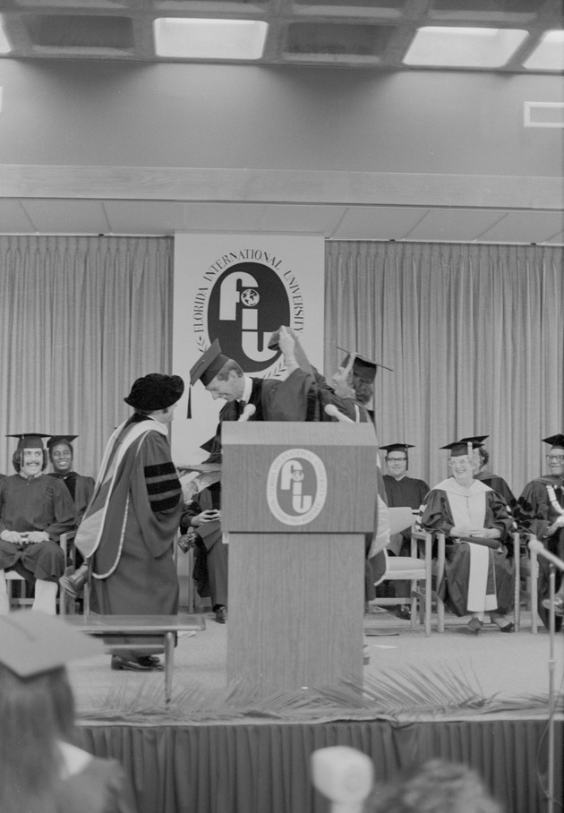 Nathaniel Pryor Reed receiving honorary degree 1973 Spring Florida International University Commencement