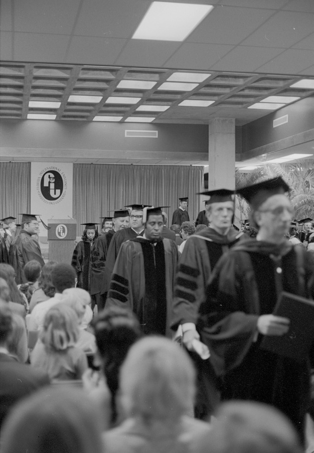 Members of the stage party recessional 1973 Spring Florida International University Commencement