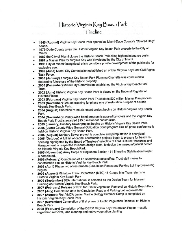 Timeline of Virginia Key - Recto