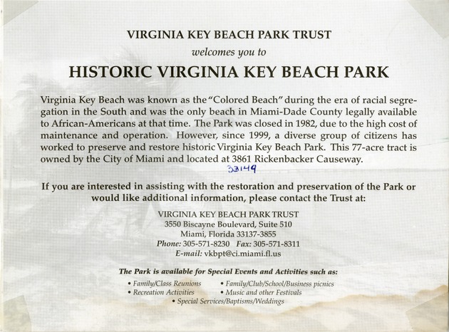 Historic Virginia Key Beach Park flyer - Verso