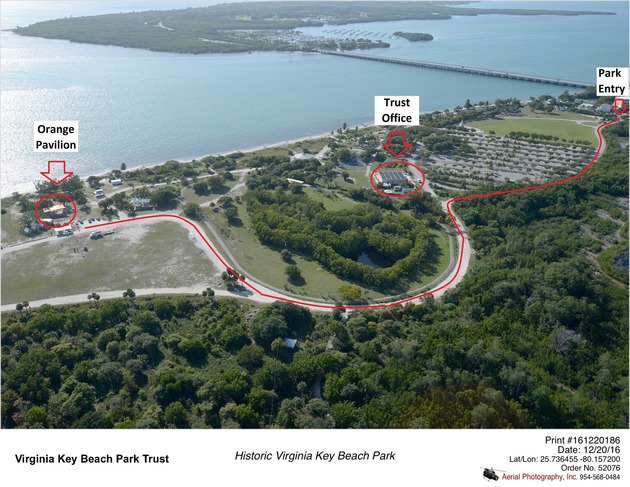 Aerial Photo Showing the Route Between the Virginia Key Beach Park Entry, to the Main Office, then to the Orange Pavilion