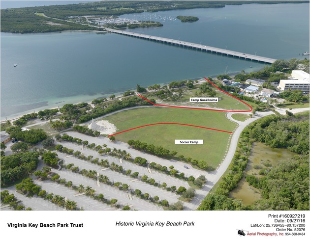 Aerial Photo of Virginia Key Beach Showing the Soccer Camp and Camp Guakiknima Areas at Virginia Key Beach Park