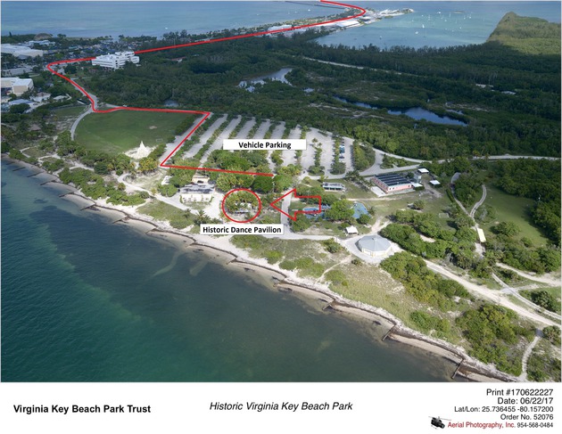 Aerial Photo Showing the Vehicle Parking and Historic Dance Pavilion at Virginia Key Beach Park