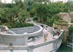 View of the winding pathways leading through the Asian River Life exhibit at Miami Metrozoo
