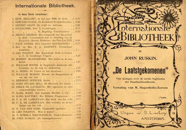 De laatstgekomenen : vier lezingen over de eerste beginselen der staathuishoudkunde (Book Cover) / John Ruskin ; vertaling van M. Hugenholtz-Zeeven