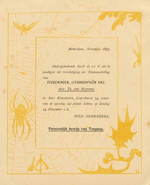 Ondergeteekende heeft de eer U uit te noodigen tot bezichtiging der Tentoonstelling van Teekeningen, Lithografieen enz. door Th. van Hoytema. (Invitation)