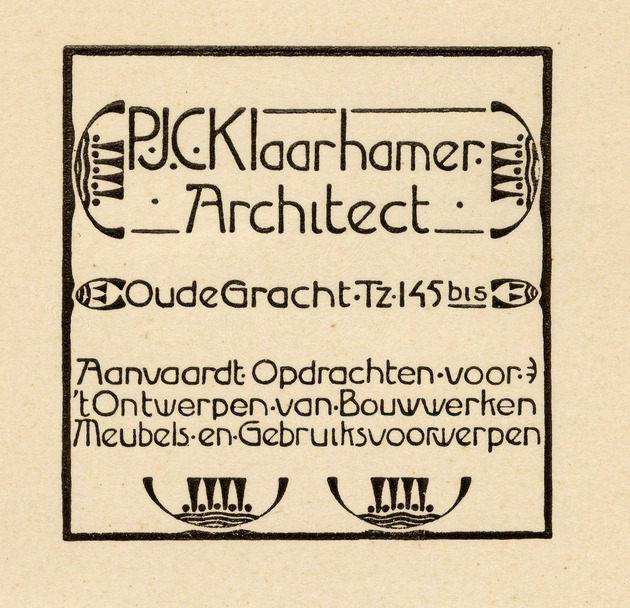 P.J.C. Klaarhamer : Oudegracht TZ 145 b15 : Aanvaardt opdrachten voor t'ontwerpen van bouwwerken, meubels en gebruiksvoorwerpen. / (Business Card)