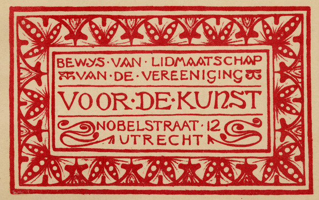 Bewijs van lidmaatschap van de vereeniging Voor de Kunst. / (Membership card) - Front