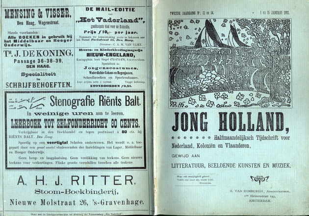 Jong Holland : halfmaandelijksch tijdschrift voor Nederland, Kolonien an Vlaanderen, gewijd aan literatuur, beeldende kunsten en muzuek. (Book Cover)