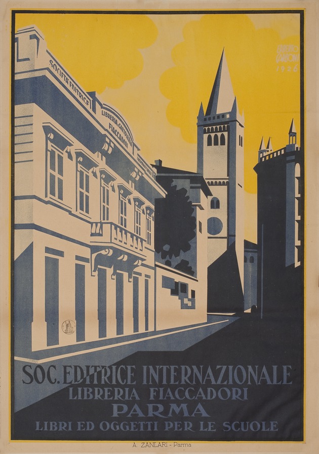 Poster, Soc. Editrice Internazionale Libreria Fiaccadori, Parma, Libri ed Oggetti per le Scuole [International Publisher Fiaccadori - Books and Objects for the School], 1926