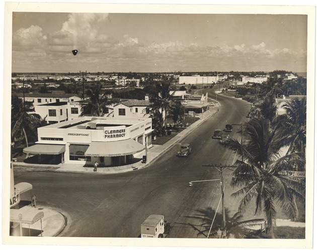 Normandy Plaza Hotel views from the roof, 1939 - Photograph, recto: [Looking northwest from roof of Normandy Plaza Hotel, 6979 Collins Ave., showing the Clemmers Pharmacy]