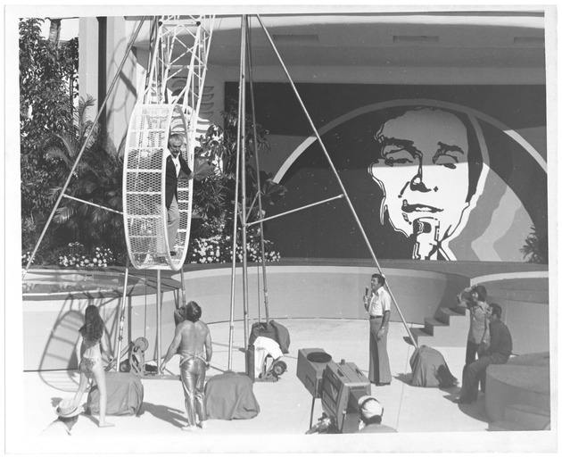 Mike Douglas Show filming and preparation at the North Shore Community Center in 1976 - Photograph, recto: [The Mike Douglas Show featuring acrobats, 1975]