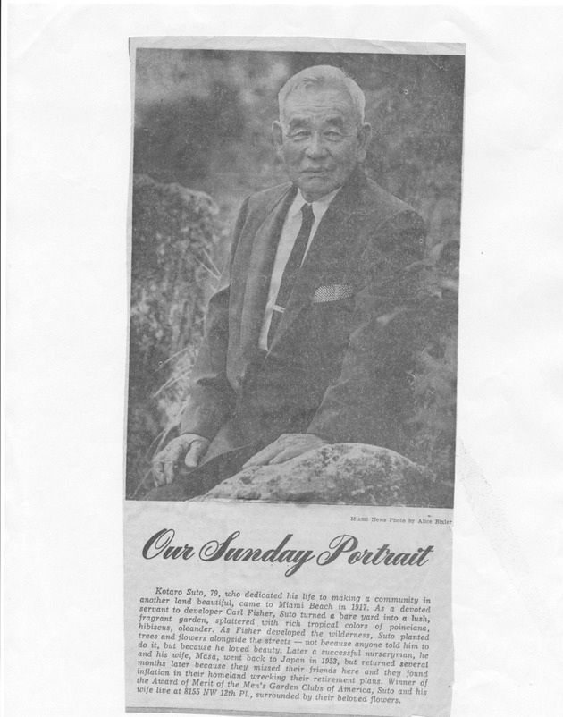 Collection of articles and obituaries about Carl Fisher's Japanese gardener, Kotaro Suto - Clipping, recto: [Text and Photographic Illustration of Kotaro Suto (The Miami News)]