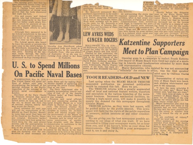 Miami Beach Tribune article about Mayor Frank Katzentine's reelection campaign - Clipping, recto: "Katzentine Supporters Meet to Plan Campaign" [Miami Beach Tribune, November 15, 1934]