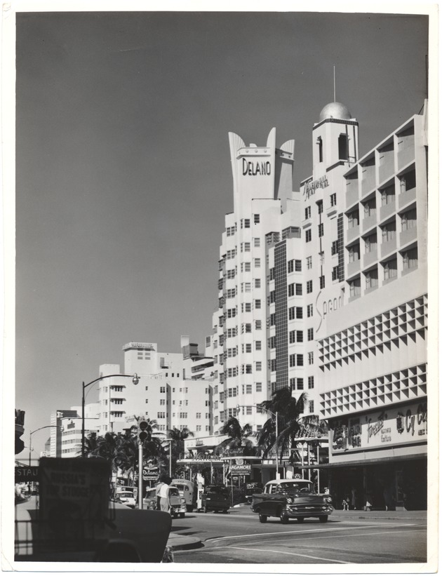 Miami Beach street scenes in the 1950s - Photograph, recto: [View of the Delano and National Hotels looking north on Collins Avenue]