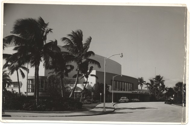 Exterior and interior of the Miami Beach Auditorium and Miami Beach Convention Center, ca. 1960 - Photograph, recto: [Miami Beach Auditorium, view from the southeast, October 1953]