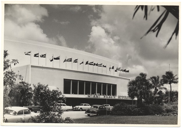 Exterior and interior of the Miami Beach Auditorium and Miami Beach Convention Center, ca. 1960 - Photograph, recto: [Miami Beach Auditorium front entrance, May 1956]