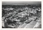 Looking north from the ocean at Sixteenth Street showing the St. Moritz, Sands, New Yorker, and Nautilus Hotels, as well as Lincoln Road, Temple Emmanuel and the Julia Tuttle Causeway