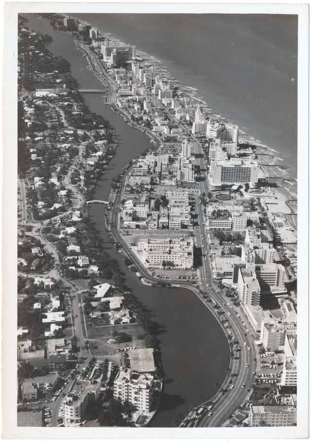 Looking north from over Lake Pancoast to the Helen Mar, Mantel Plaza, Algiers, Seville, Fontainebleau, and Executive House Hotels - 