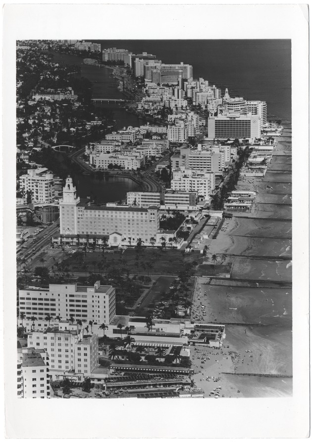 Looking north along the oceanfront from Twenty-first Street, showing the Cromwell, Roney Plaza, Seville, and Fontainebleau Hotels - 