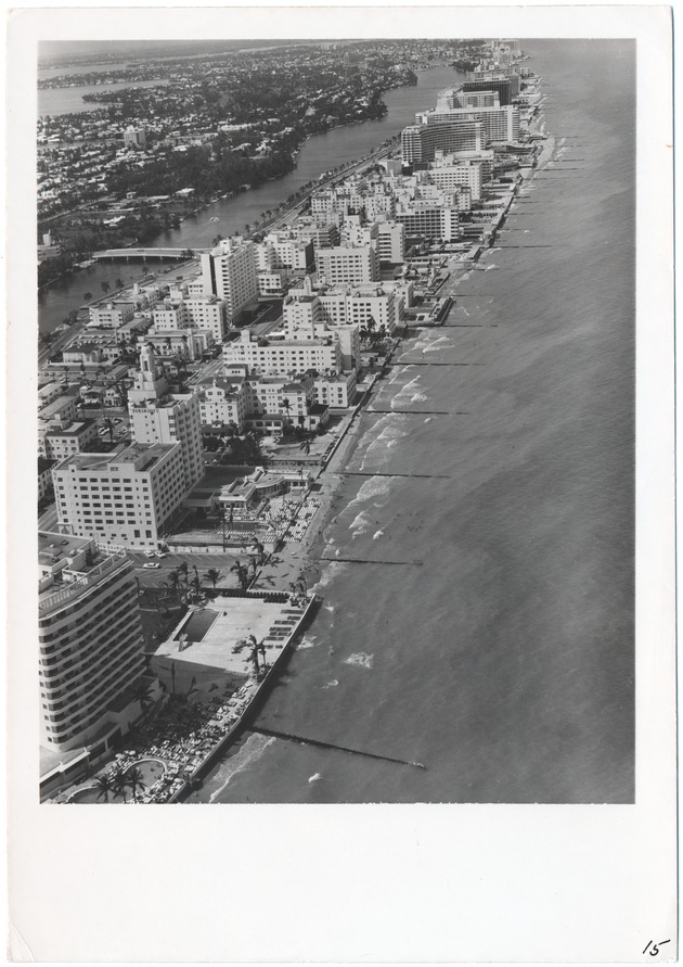 Looking north from the ocean at Thirty-second Street, showing (bottom to top) the Saxony, Versailles, Good, Fontainebleau, and Eden Roc hotels - 
