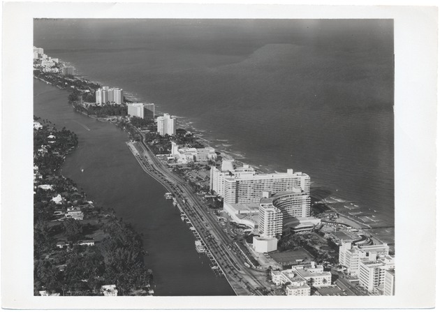 Looking north from Indian Creek at Forty-third Street, showing the Sorrento Hotel, Fontainebleau, spite wall, Eden Roc, Executive House, and other apartments - 