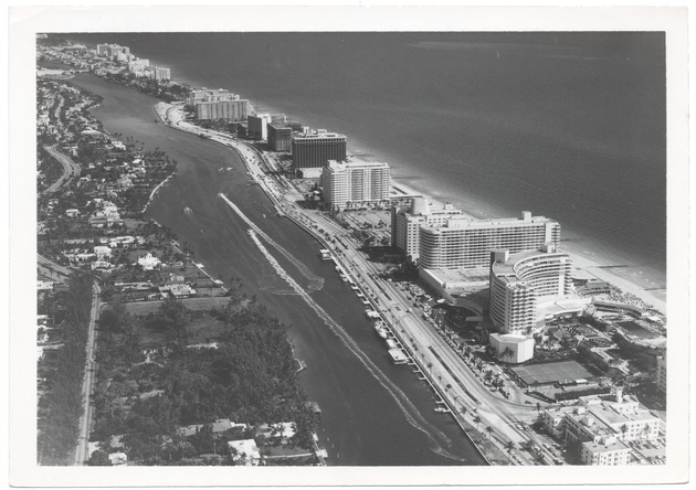 Looking north from Forty-fourth Street, showing the Fontainbleau, spite wall, Eden Roc, Mimosa, Doral, Crystal House, and apartments - 