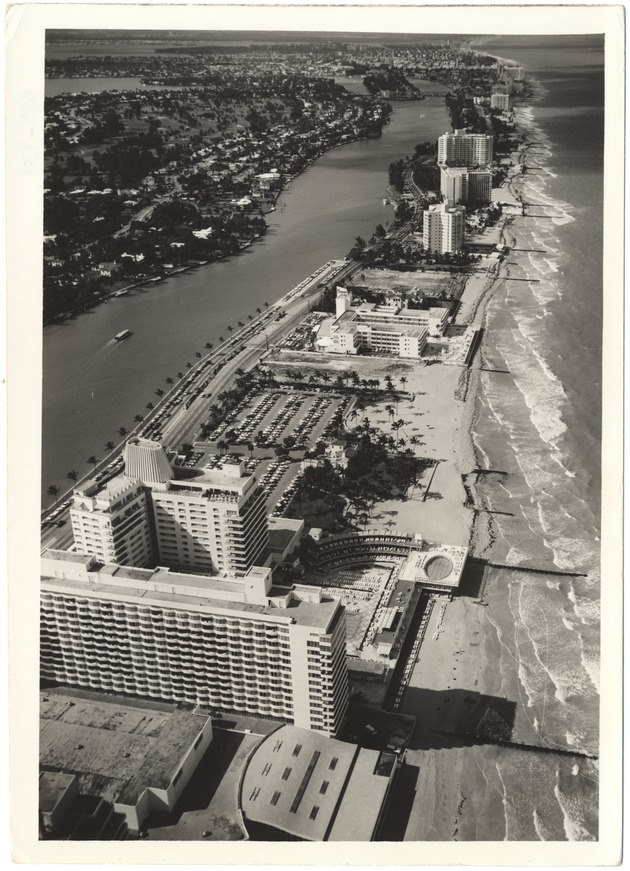 Looking north from the Fontainebleau Annex, showing the Eden Roc, Executive House, and apartments - 