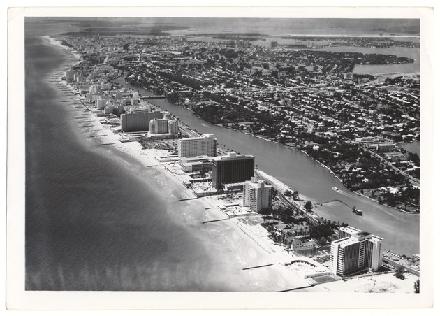 Looking southwest showing the Eden Roc Hotel, the Spite Wall, Indian Creek, the Government Cut and Fisher Island - 