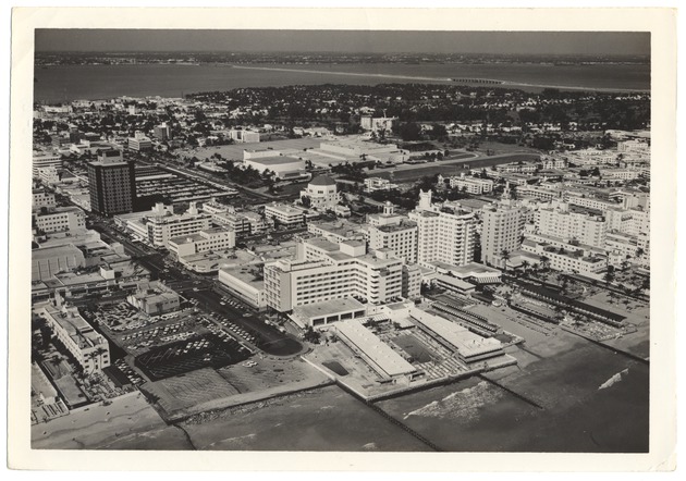 Lincoln Road showing the Miami Beach Federal Bank, the Convention Center and the Julia Tuttle Causeway in the back - 
