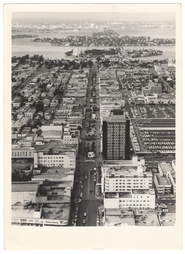 Collins Avenue showing Lincoln Road Mall, the DiLido Hotel, the Miami Beach Federal Bank, and the Venetian Causeway in the back - 
